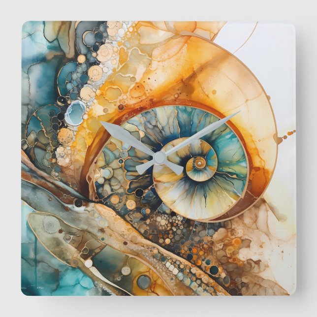 Relógio Quadrado Ammonite Gem Fóssil Wall Clock (Frente)