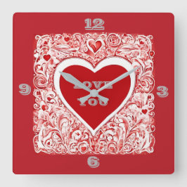 Relógio Quadrado Amo-Te Coração Vermelho E Branco