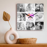Relógio Quadrado Amo-Te Mimi 8 Foto Collage Bold Modern Graphic<br><div class="desc">"Amo-te Mimi." Ela está amando a cada minuto com seus netos. Uma na moda visual divertida, caprichosa, de um arco-íris colorido e colorida tipografia ousada e escrita à mão preta sobrepõe um coração macio, rosa claro e um fundo branco. Adicione 8 fotos acalentadas de sua escolha e personalize os nomes...</div>