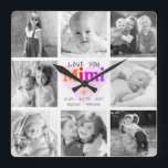 Relógio Quadrado Amo-Te Mimi 8 Foto Collage Bold Modern Graphic<br><div class="desc">"Amo-te Mimi." Ela está amando a cada minuto com seus netos. Uma na moda visual divertida, caprichosa, de um arco-íris colorido e colorida tipografia ousada e escrita à mão preta sobrepõe um coração macio, rosa claro e um fundo branco. Adicione 8 fotos acalentadas de sua escolha e personalize os nomes...</div>