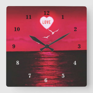 Relógio Quadrado Amor ao Pôr do Sol - Romântico - Preto Vermelho -