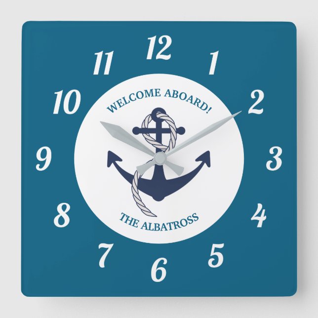 Relógio Quadrado Âncora de Barco de Padrão Náutico Personalizada (Frente)