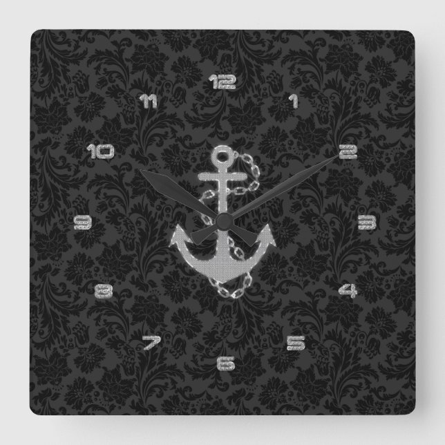 Relógio Quadrado Âncora náutica do brilho da prata do falso (Frente)