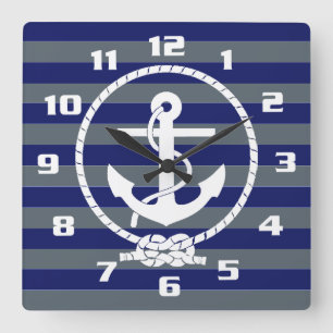 Relógio Quadrado Âncora Náutica Na moda e Padrão de Faixa Azul