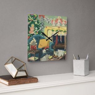 Relógio Quadrado Animais de Natal Antigos na Sala de Estar