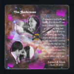 Relógio Quadrado Aniversário da Colagem de Fotos Personalizada, Cas<br><div class="desc">Relógio de Muro: Casamento Personalizado, Aniversário, Dias de os namorados Foto Relógio com estrelas do Desenho Galáxico. Personalize com suas próprias fotos favoritas e crie uma bela colagem para capturar momentos especiais de sua vida. Mude qualquer texto para o seu, incluindo o poema. Fundo da galáxia do telescópio Hubble -...</div>