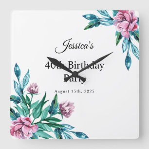 Relógio Quadrado Aniversário de 40 anos Floral Romântico Feminina