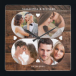 Relógio Quadrado Aniversário de Casamento da Colagem de Fotos da Ma<br><div class="desc">Tela de colagem moderna,  rústica e moderna,  relógio para personalizar com 4 fotos,  nomes de casal e data. O relógio de casamento rústico com um efeito de madeira de palete faz um presente de excelente para casamentos,  aniversários e novo aquecimento doméstico.</div>