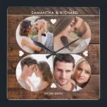 Relógio Quadrado Aniversário de Casamento da Colagem de Fotos da Ma<br><div class="desc">Tela de colagem moderna,  rústica e moderna,  relógio para personalizar com 4 fotos,  nomes de casal e data. O relógio de casamento rústico com um efeito de madeira de palete faz um presente de excelente para casamentos,  aniversários e novo aquecimento doméstico.</div>
