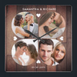 Relógio Quadrado  Aniversário de Casamento da Colagem de Fotos Rust<br><div class="desc">Tela de colagem moderna,  rústica e moderna,  relógio para personalizar com 4 fotos,  nomes de casal e data.  O relógio de casamento rústico com um efeito de madeira de palete faz um presente de excelente para casamentos,  aniversários e novo aquecimento doméstico.</div>