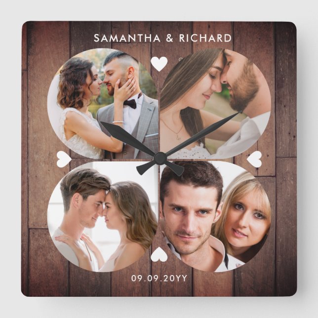 Relógio Quadrado  Aniversário de Casamento da Colagem de Fotos Rust (Frente)