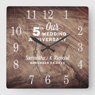 Relógio Quadrado Aniversário de Casamento de 5 de Madeira Rustic Pe