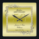 Relógio Quadrado Aniversário de Casamento do Ouro Dourado Gem & Gli<br><div class="desc">Glamorosa e elegante relógio de parede do aniversário de casamento do Ouro 50º com joias de pedra dourada do na moda e decorações de canto e estrutura de borda brilhante colorida. Uma design romântica para sua celebração. Todo texto, fonte e cor da fonte são totalmente personalizáveis para atender às suas...</div>