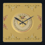 Relógio Quadrado Aniversário de Casamento Dourado da rua<br><div class="desc">Infelizmente, um maravilhoso relógio de parede, clássicamente projetado para honrar seu aniversário de casamento de 1rua com um emblema cardíaco e texto de medalhão, quão especial é isso?! Ouro ocre com placa gráfica do coração ornamentado, para um toque do romântico. Se você deseja qualquer personalização ou ilustração feita apenas para...</div>