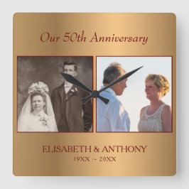 Relógio Quadrado Aniversário Dourado de Fotografias Personalizado