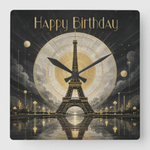 Relógio Quadrado Aniversário Paris Torre Eiffel Dourado Deco