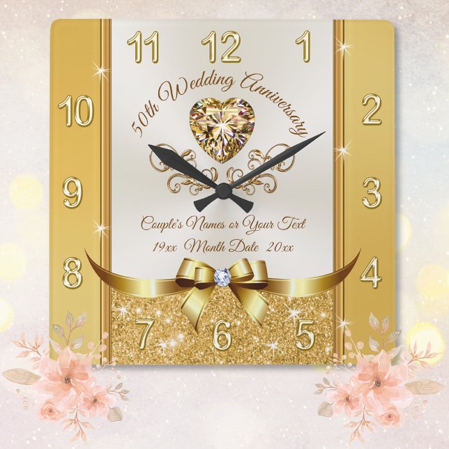Relógio Quadrado Aniversário personalizado e impressionante do Ouro (50th anniversary clock. Gift ideas for friends 50th anniversary. Golden wedding anniversary gifts.)