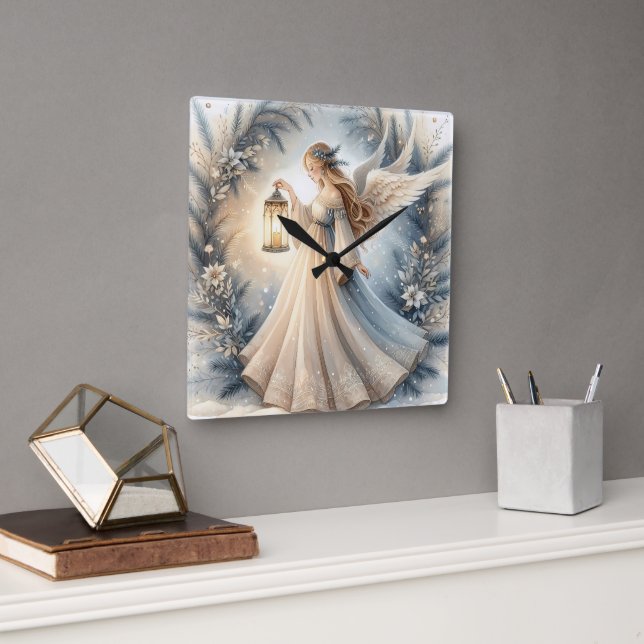 Relógio Quadrado Anjo Celestial de Inverno Lanterna da Paz (Escritório)