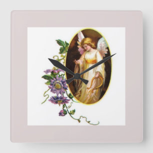 Relógio Quadrado Anjo Com Harpa E Flores De Clematite