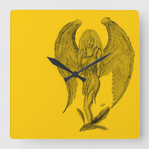 Relógio Quadrado Anjo - design preto e amarelo