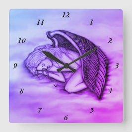 Relógio Quadrado Anjo dormindo no céu nuvens de rosa