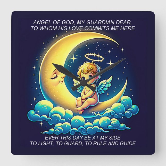 Relógio Quadrado Anjo Guardião Fofo Cherub e Lua Expressionista (Frente)