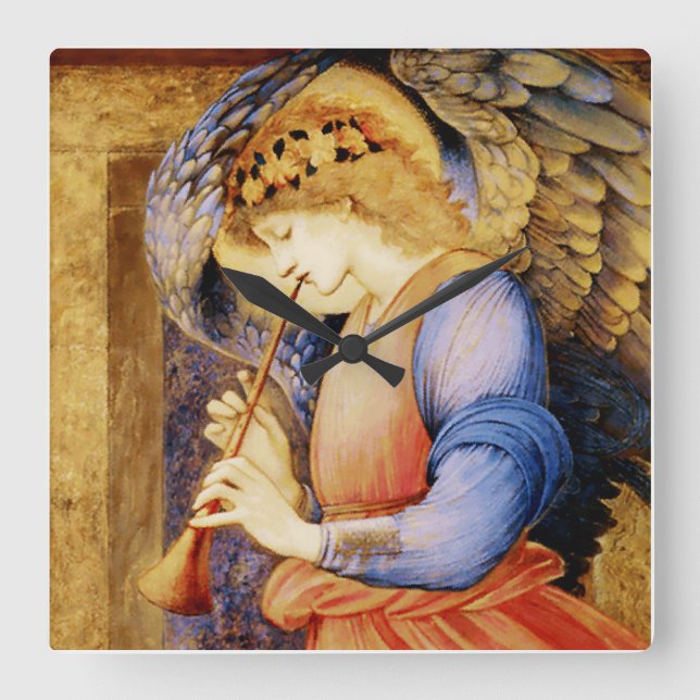 Relógio Quadrado “Anjo Tocando uma Flauta” por Edward Burne Jones (Frente)