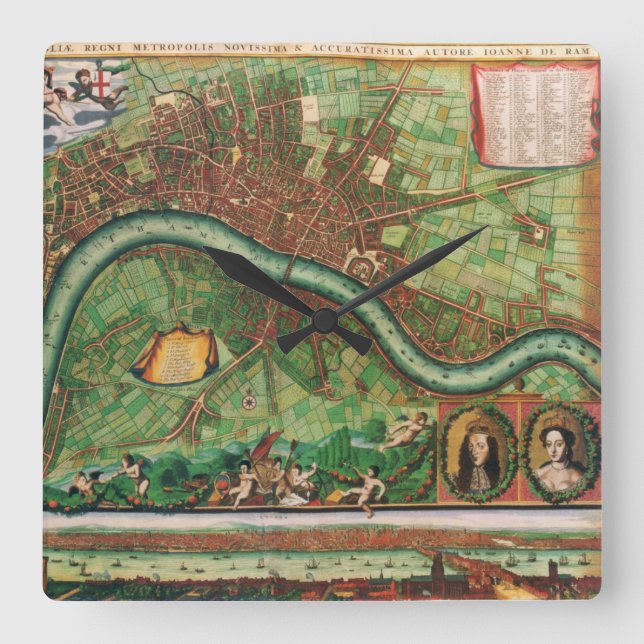 Relógio Quadrado Antique London Street Map de Johannes de Ram, 1689 (Frente)
