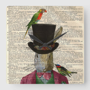 Relógio Quadrado Antique Rabbit Book Page Altered Wall Clock
