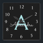 Relógio Quadrado Aqua Teal Blue Script Girly Monographic Name<br><div class="desc">Relógio de Nome do Monograma do Teal Azul Aqua e do Script Negro. Isto faz o doce e perfeito aniversário de 16 anos,  casamento,  chá de panela,  aniversário,  chá de fraldas ou festa de solteira presente para alguém que ama luxo de luxo e estilos quíticos.</div>