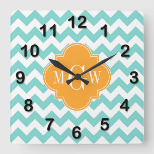 Relógio Quadrado Aqua Wht Chevron Cantaloupe Quatrefoil 3 Monograma