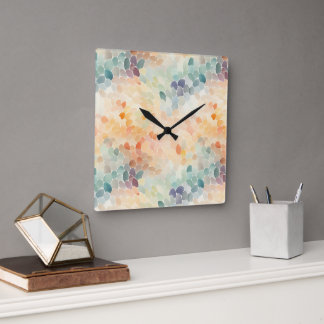 Relógio Quadrado Aquarela Abstrata em Pastel Suave