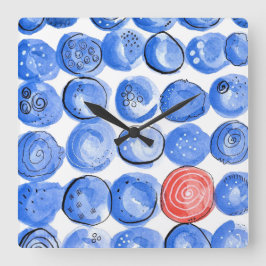 Relógio Quadrado Aquarela Abstrata Pontos Azuis