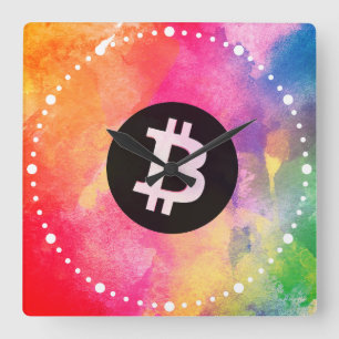 Relógio Quadrado Aquarela Bitcoin (Estilo 1 - Gênesis)