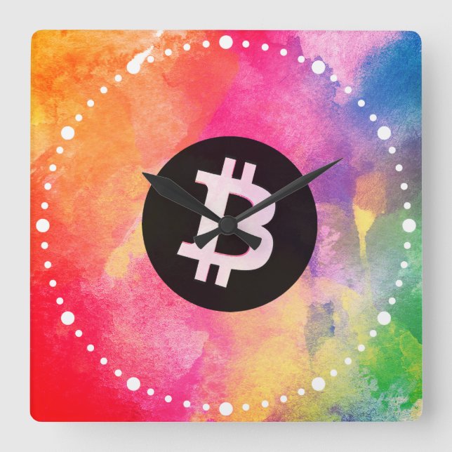 Relógio Quadrado Aquarela Bitcoin (Estilo 1 - Gênesis) (Frente)