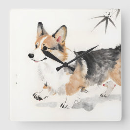 Relógio Quadrado Aquarela Corgi – Arte Caprichosa de Cachorro com T
