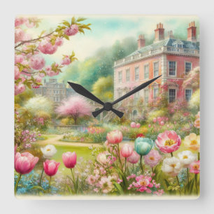 Relógio Quadrado Aquarela floral em cores pastéis suaves quadrada
