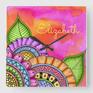 Relógio Quadrado Aquarela Floral Moderna Colorida Whimsical