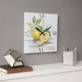 Relógio Quadrado Aquarela Fruta Cítrica Limão Com Flores