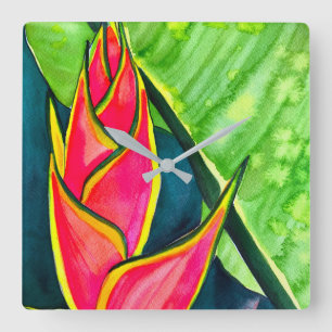 Relógio Quadrado Aquarela heliconia flor tropical