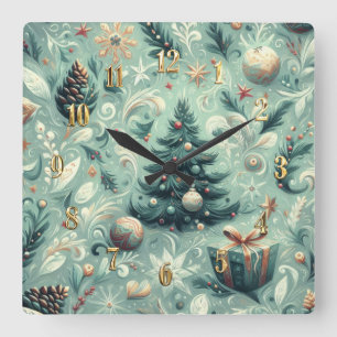 Relógio Quadrado Aquarela Natal Feriado Whimsy Verde