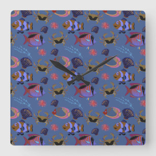 Relógio Quadrado Aquatic animals pattern   ocean underwater life 13