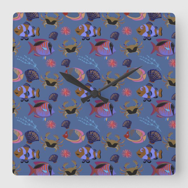Relógio Quadrado Aquatic animals pattern | ocean underwater life 13 (Frente)