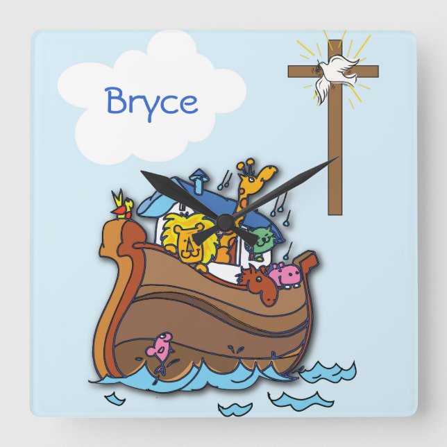 Relógio Quadrado Arca de Noé personalizável para Batismo de Bebê, M (Frente)