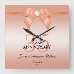 Relógio Quadrado Arco Coral e Friso 35º Aniversário de Casamento