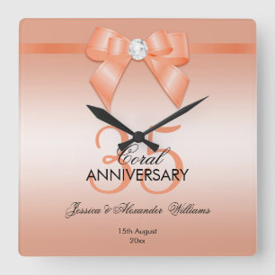 Relógio Quadrado Arco de Coral e Fita 35.o aniversário de casament