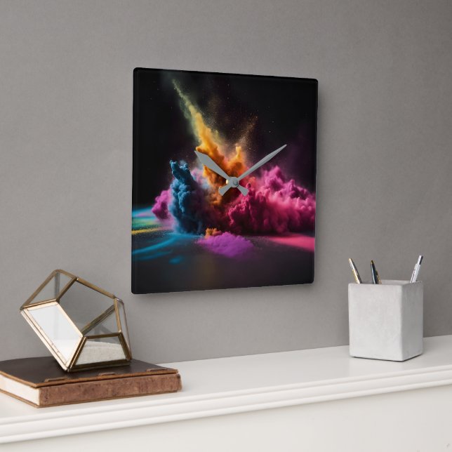 Relógio Quadrado Arco-Íris Explosão em Pó Preto (Escritório)