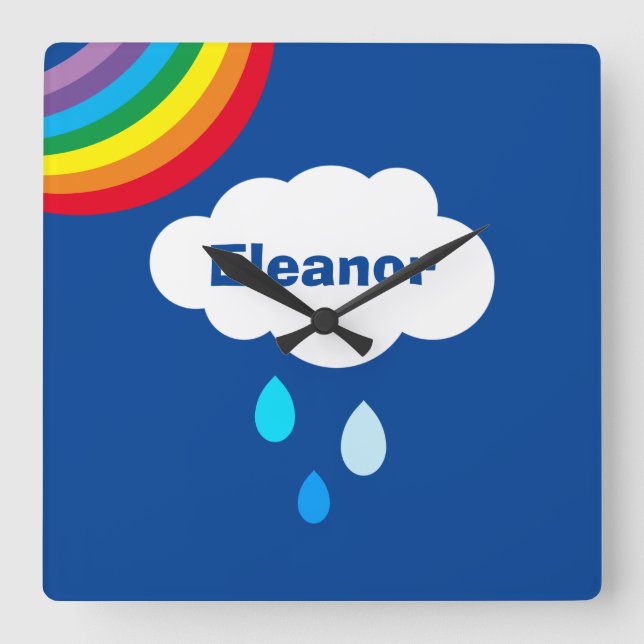 Relógio Quadrado Arco-Íris, Nuvens e Chuva Personalizados (Frente)