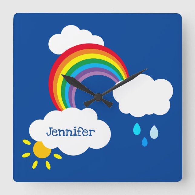 Relógio Quadrado Arco-Íris Personalizado, Nuvens e Muro Quadrado de (Frente)