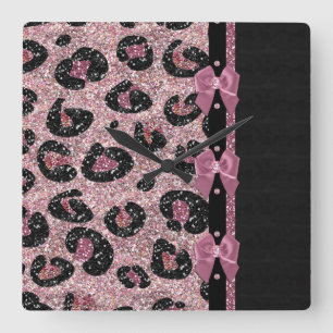 Relógio Quadrado ARCOS de Fita de Impressão de Leopardo Rosa-Rockab